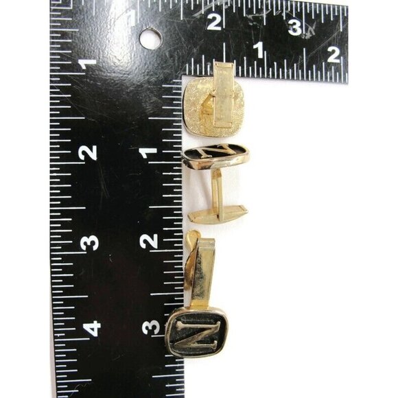 "N" Initial Cufflinks Set w Neck Tie Clip Pat No Black Gold Tone Tux Suit Vtg - Picture 2 of 7